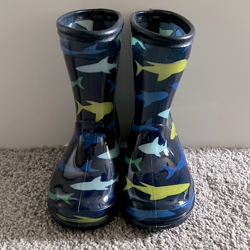Navy blue rain boots with sharks